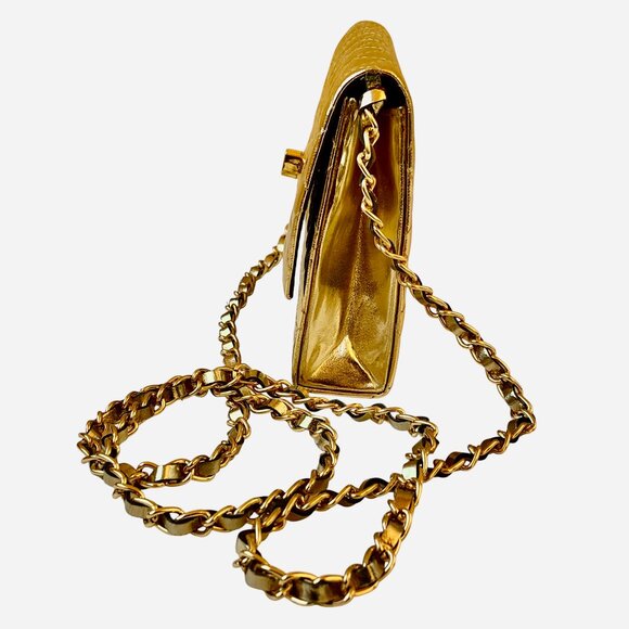 Vintage Gold Faux Patent Leather Crossbody Handbag Padded Flap Turn Lock - Picture 6 of 10